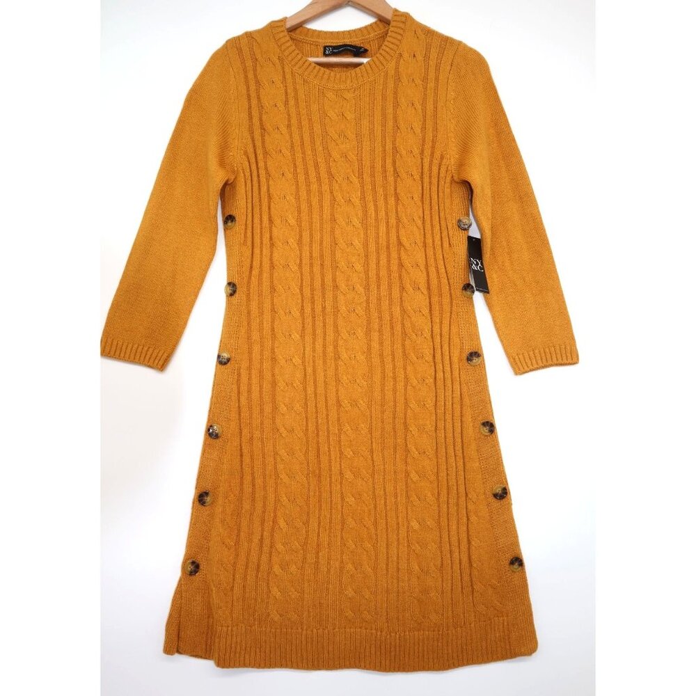NWT New York & Co Cable Knit Sweater Dress Side Button Detail Mustard M Preppy